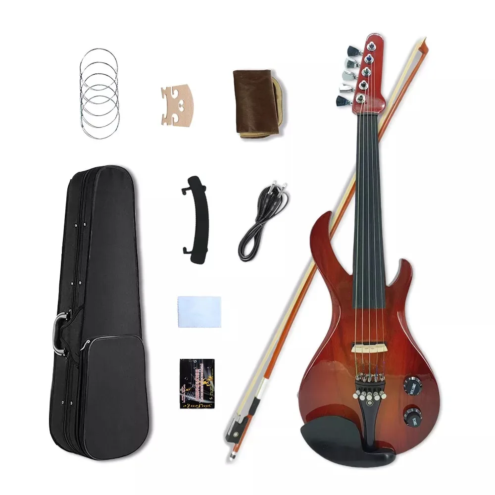 New Electric Violin 5 Strings Solid Wood Handmade Ebony Fingerboard Brazilian Wood Bow Unbleached Genuine Mongolian Horsehair