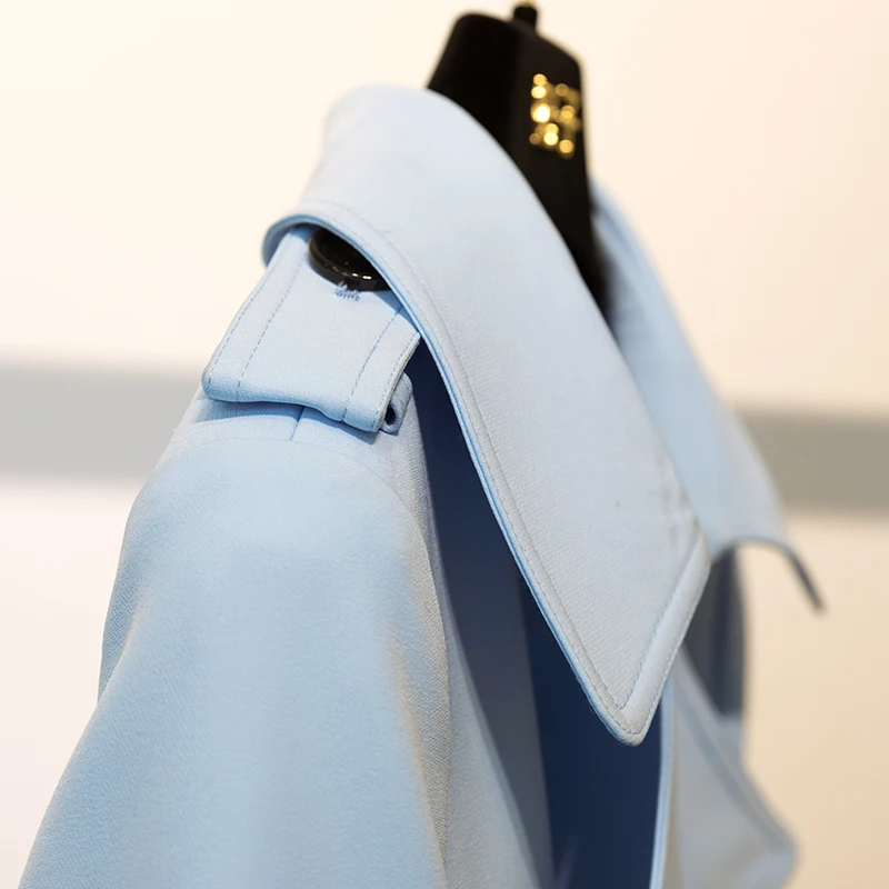 Classic Simple Elegant Trench Coat Women's Mid-Length Double Breasted 2023 Spring New Sky Blue Windbreaker Top Overcoat Outwear