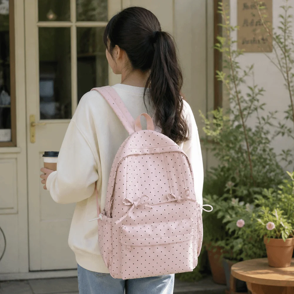 Zaino alla Moda con Pois, Grande Capacità, Design con Fiocco, Minimalista, Resistente, Leggero, Borsa Scolastica per Studenti, Uso Quotidiano - immagine 5
