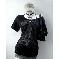 Vintage Gothic Prints Black T-Shirt Women Y2K Harajuku Fashion Punk Off-shoulder Sling Sexy Slim Summer Casual Trendy Top - Image 2