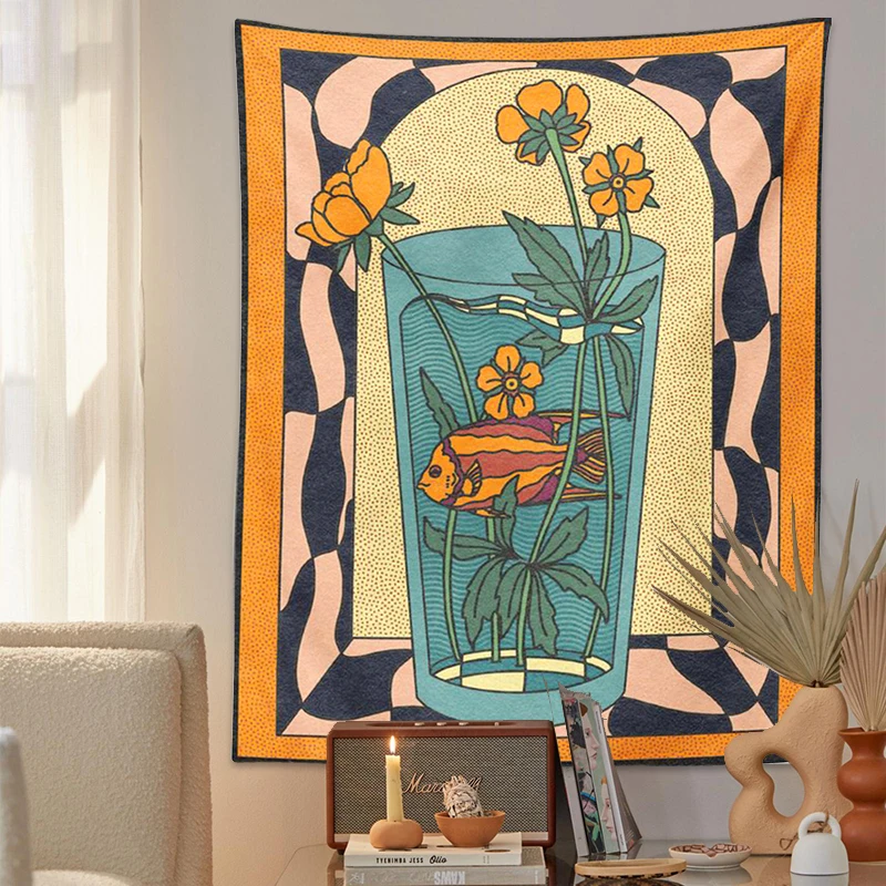 Vintage Inspired Tapestry Wall Hanging Psychedelic vase goldfish flower Decor Minimalist Print Bohemian Art Wall Decor Mural tapestry decorations