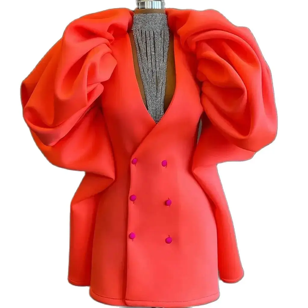 

KSDN Formal Prom Dress Tangerine Ruffles Long Sleeve V-Neck Double Breasted Mini Skirt Above Knee Special Event Elegant Dresses