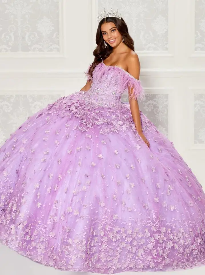 

Orchid Lilac Lavender Feather Quinceanera Dresses Off Shoulder 3D Floral Beaded Applique Ball Gown vestido cinderela debutante