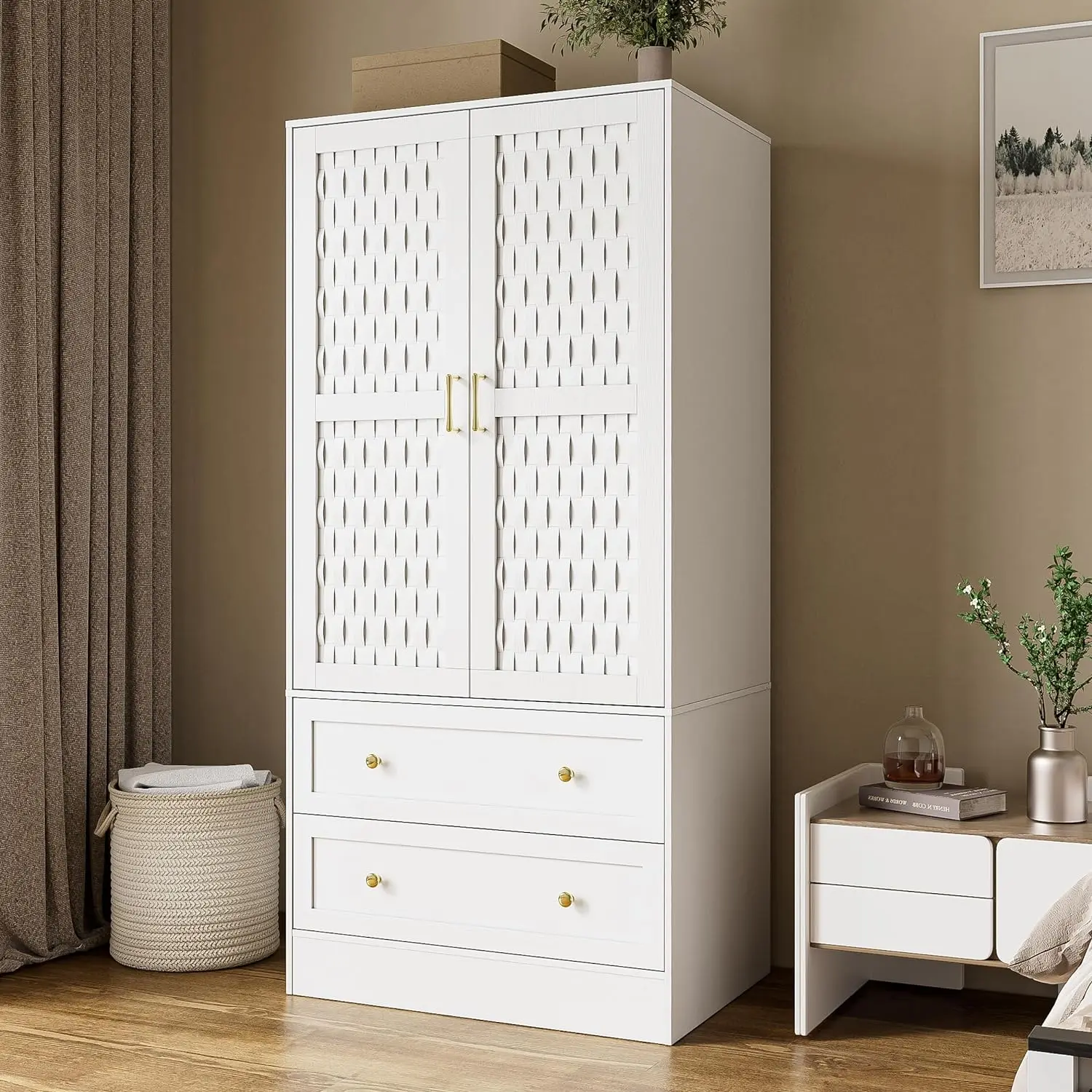 

Armoire Wardrobe Closet with 2 Woven Doors, Storage Closet Cabinet w/ Drawers, Hanging Rod, Freestanding Wooden Armoire Wardrobe