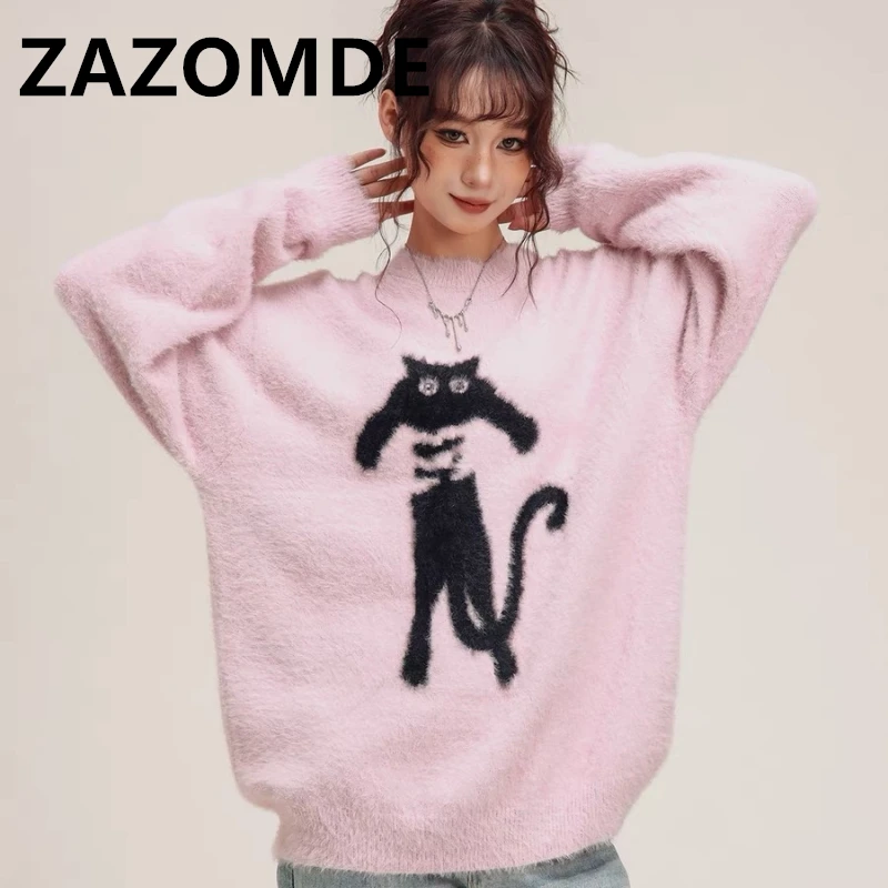 ZAZOMDE Japanese High Street Oversized Pullovers Man O-neck Casual Cartoon Cat Jumper Winter Clothes Knitwear Fashion Sweaters