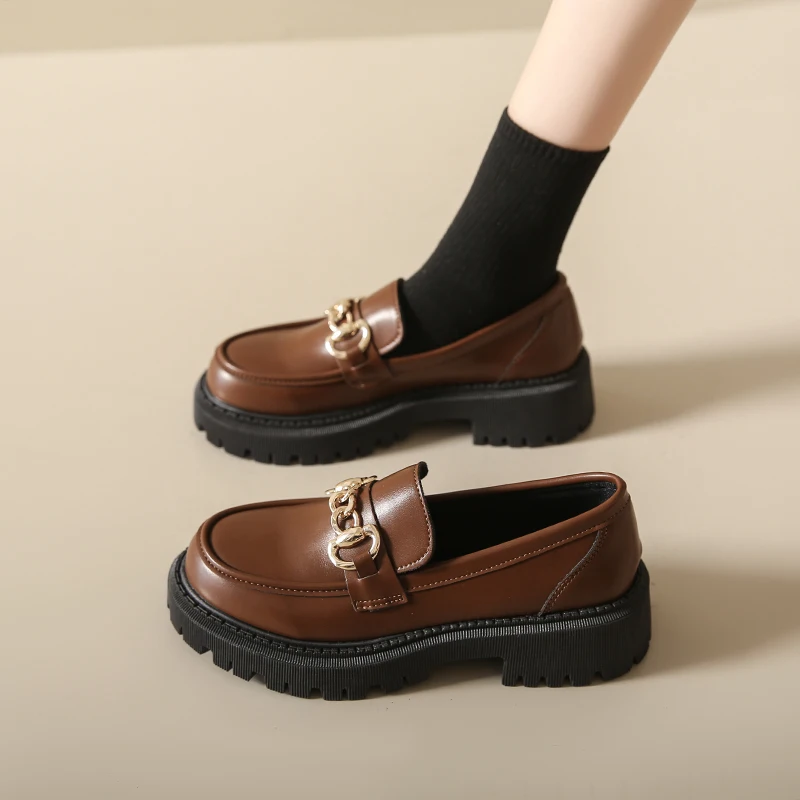 Chunky Loafers Women Genuine Cow Leather Platform Shoes Round Toe Metal Chain Slip on Ladies Flats Handmade 2023 4