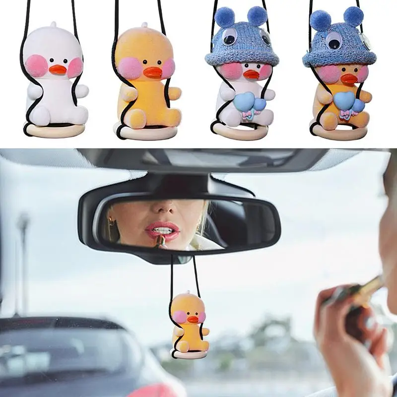 

Swing Duck Auto Rearview Mirror Ornament Cute Anime Pendant Decoration Mini Duck Wearing A Hat Interior Ornaments Car Accessory