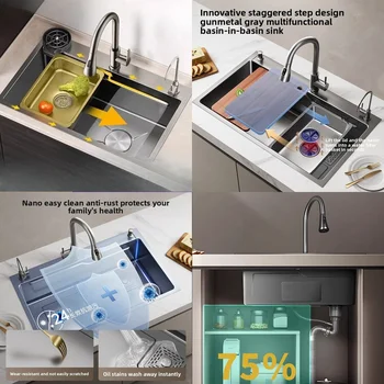 อ่างล้างจานเดี่ยวขนาดใหญ่ อ่างล้างจานหนา สีเทา นาโน สแตนเลส 304 ลายรังผึ้ง 1