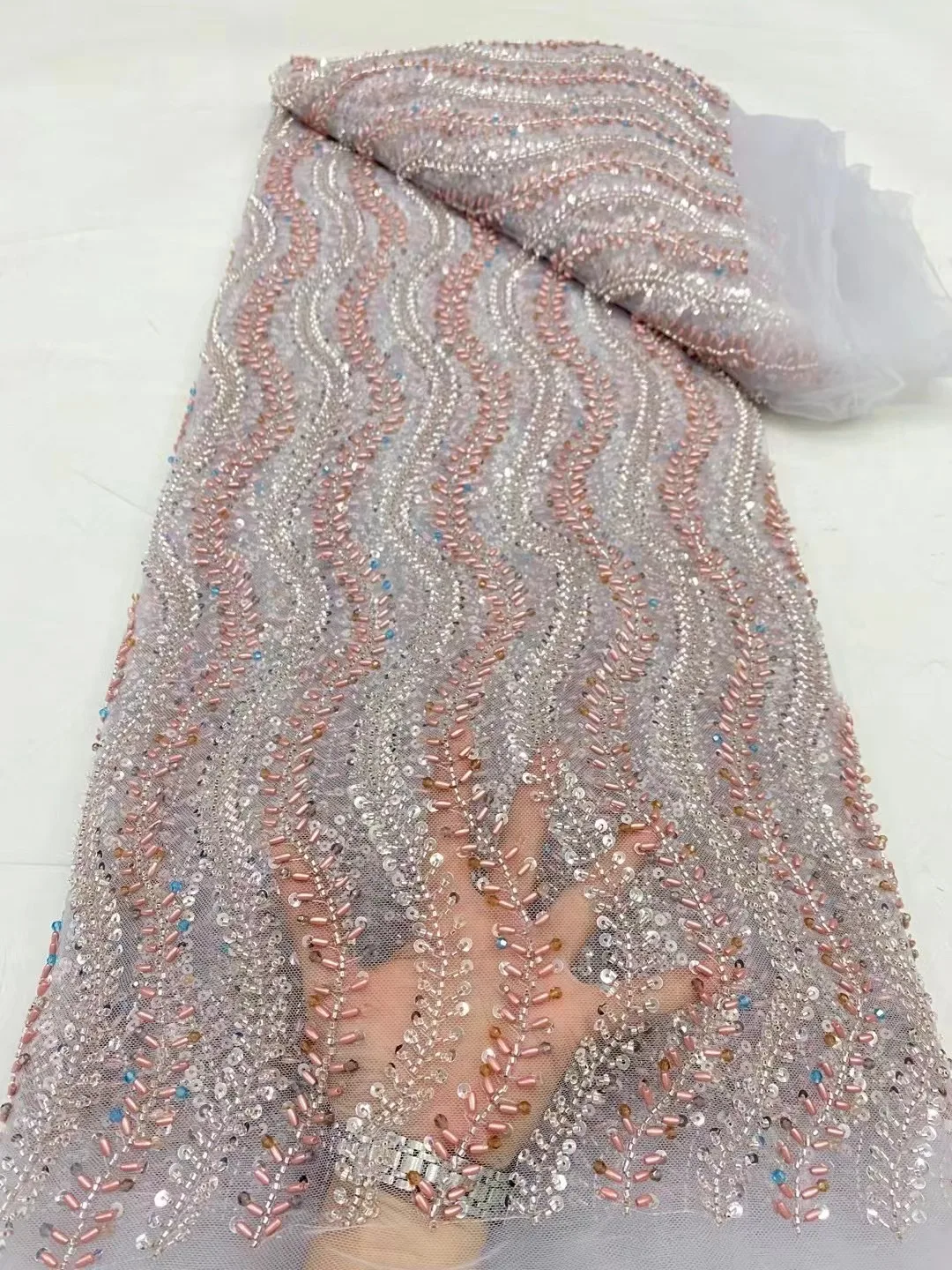

High Fashion Beaded Lace Fabric Wedding Hand Crystal Beads Glitter Sequence Bridal Quality Tulle Mesh African Sewing Material