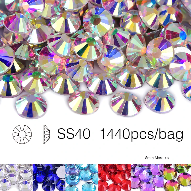 Oleeya 8mm ss40 Round Glass Non Hotfix Rhinestones Flatback Glitter Crystal in Bulk Package For for DIY Nail Garment Decoration