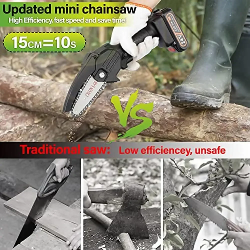 4-Inch Portable Handheld Mini Electric Chainsaw with 2 Batteries High Efficiency Lightweight Cordless Chainsaw Wood Cutting and 2