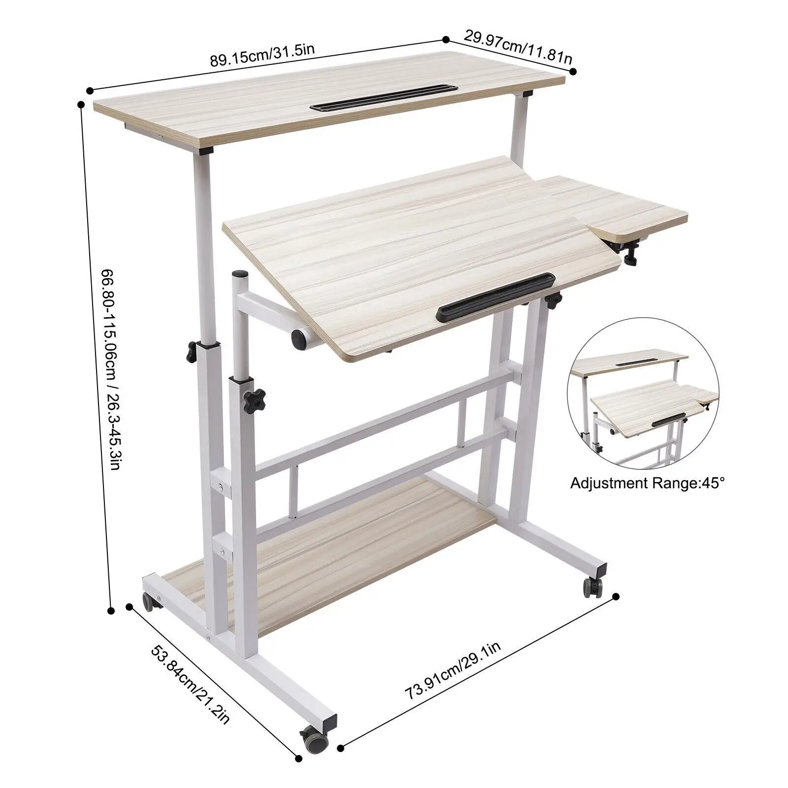 Mobile Stand Up Desk Adjustable Laptop Desk With Wheels Home Office Computer Table-White 4