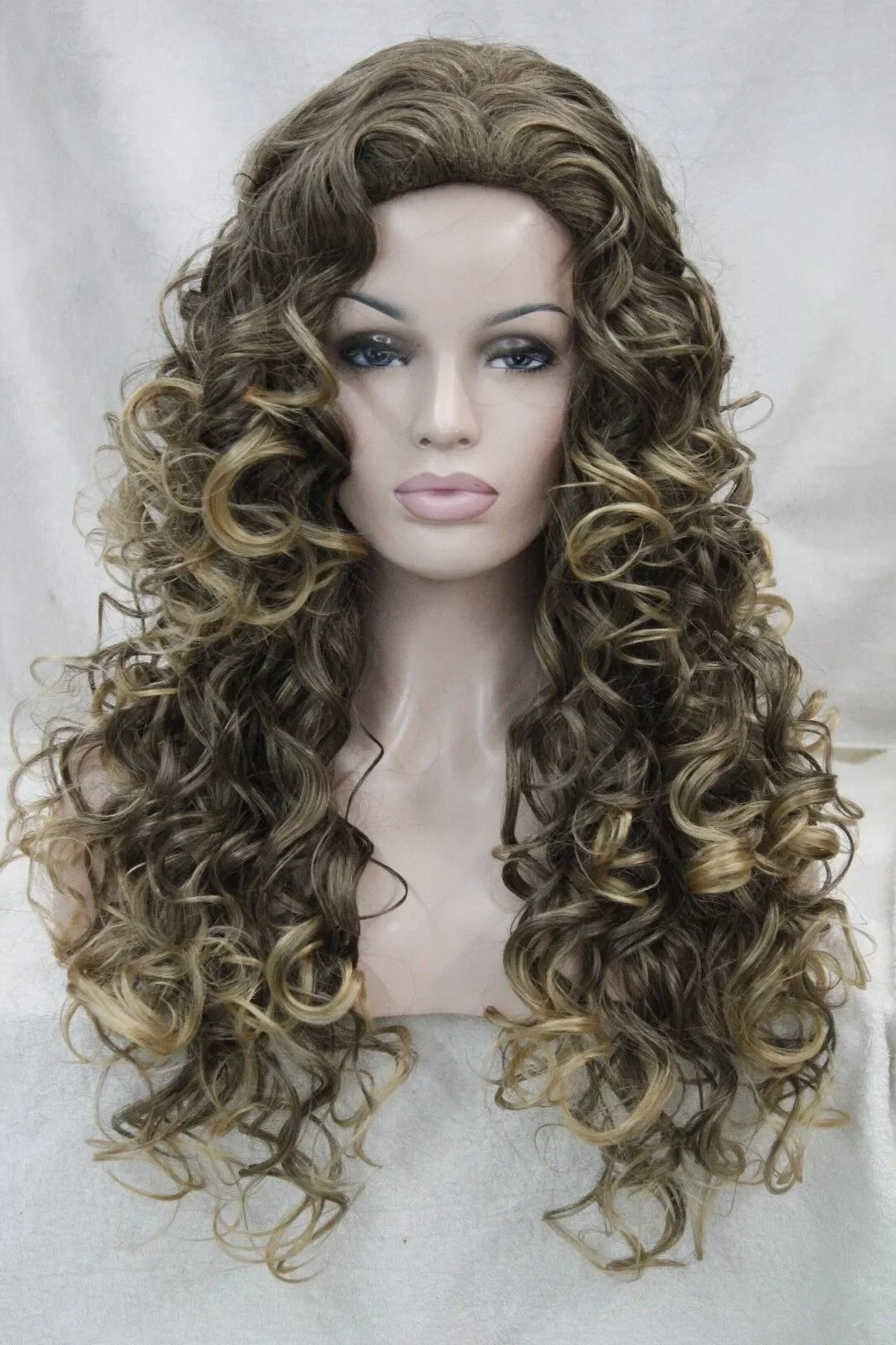 

New Sexy brown mix golden blonde tip long curly women' daily synthetic hair wig