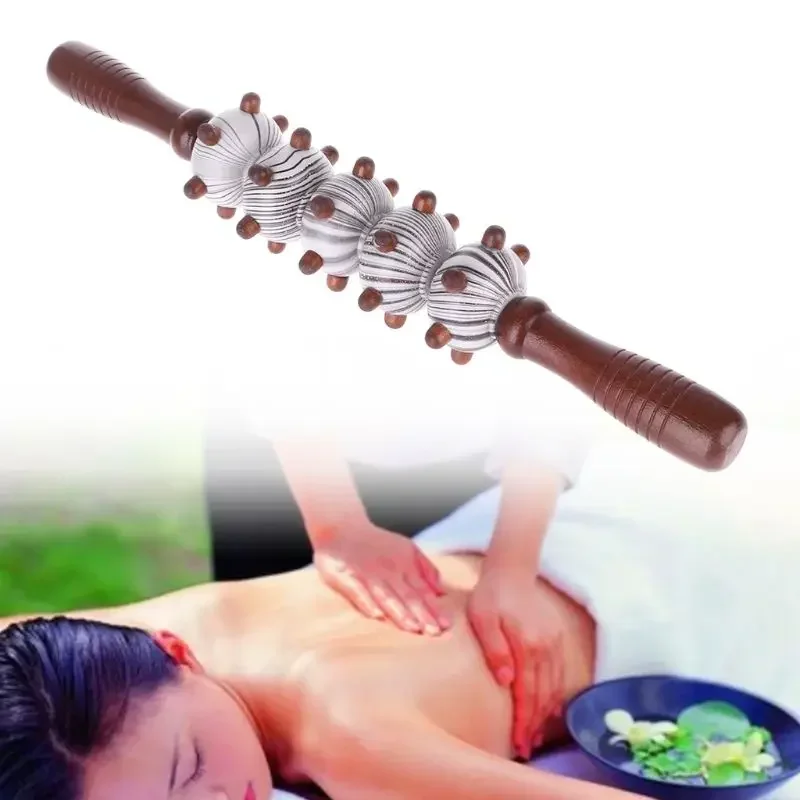 1pcs Wooden Exercise Roller Five Fine Wheel Shaft Whole Body Massage Roller Pounded Waist Back Massage Neck Leg Wood Massager