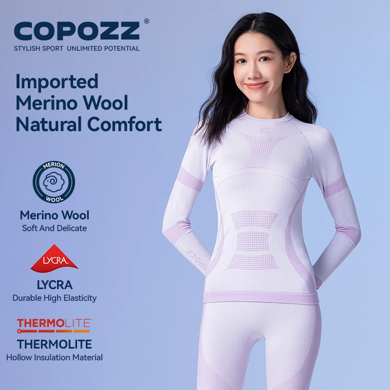 COPOZZ Female Male Merino Wool Ski Thermal Underwear Set Functional Compression Tracksuit Tight Snowboard Tops and Pants Adult thermal underwear set