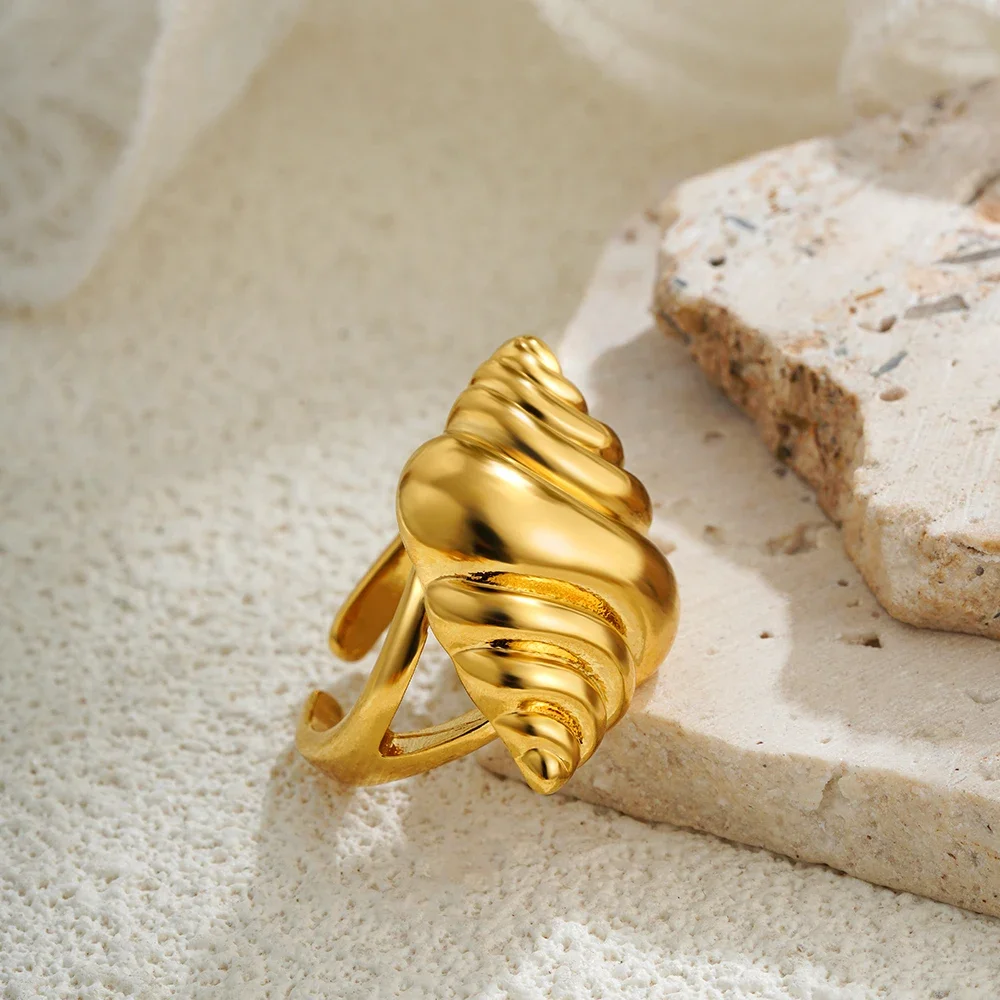 316l PVD Stainless Steel Summer Beach Shell Rings Creative Seashell Scallop Sea Snai Chunky Ring 18K Gold Plated Retro Jewelry
