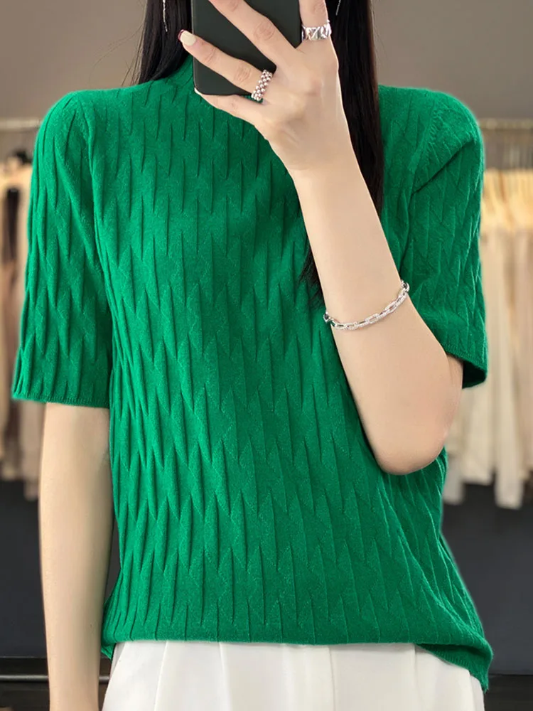 

New Half High Collar T Shirt Women Knitted Tops Summer 2023 Half Sleeves Tshirts Casual Woman Clothes White Tshirt Poleras Mujer