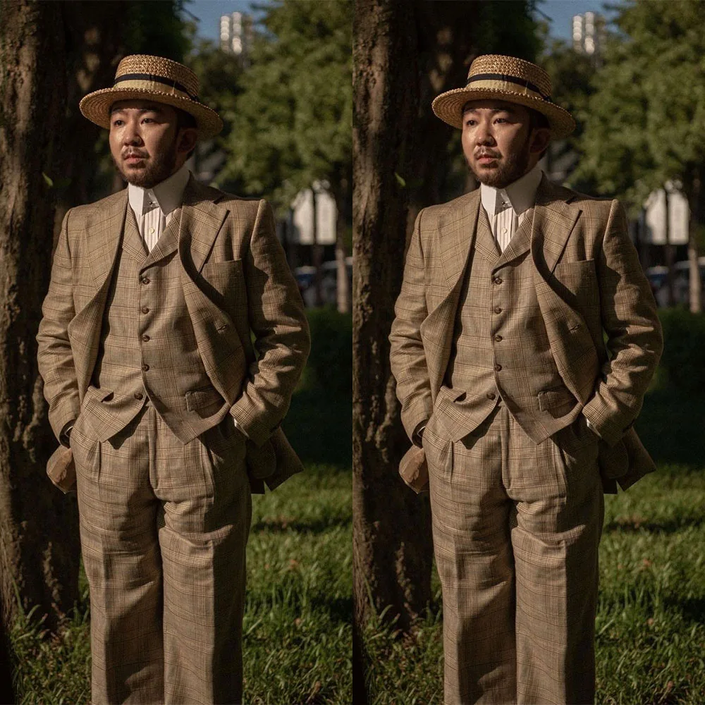

Brown 3 Pieces Men Suit Blazer Vest Pants Single Breasted Plaid Business Work Gentlemen Formal Causal Daily Prom Tailored