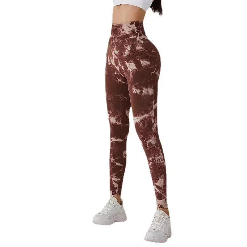 

New Seamless Tie Bleached Peach Butt Yoga Pants High Waist Belly Belly Fitness Pants Women Tie Dye Running Tight