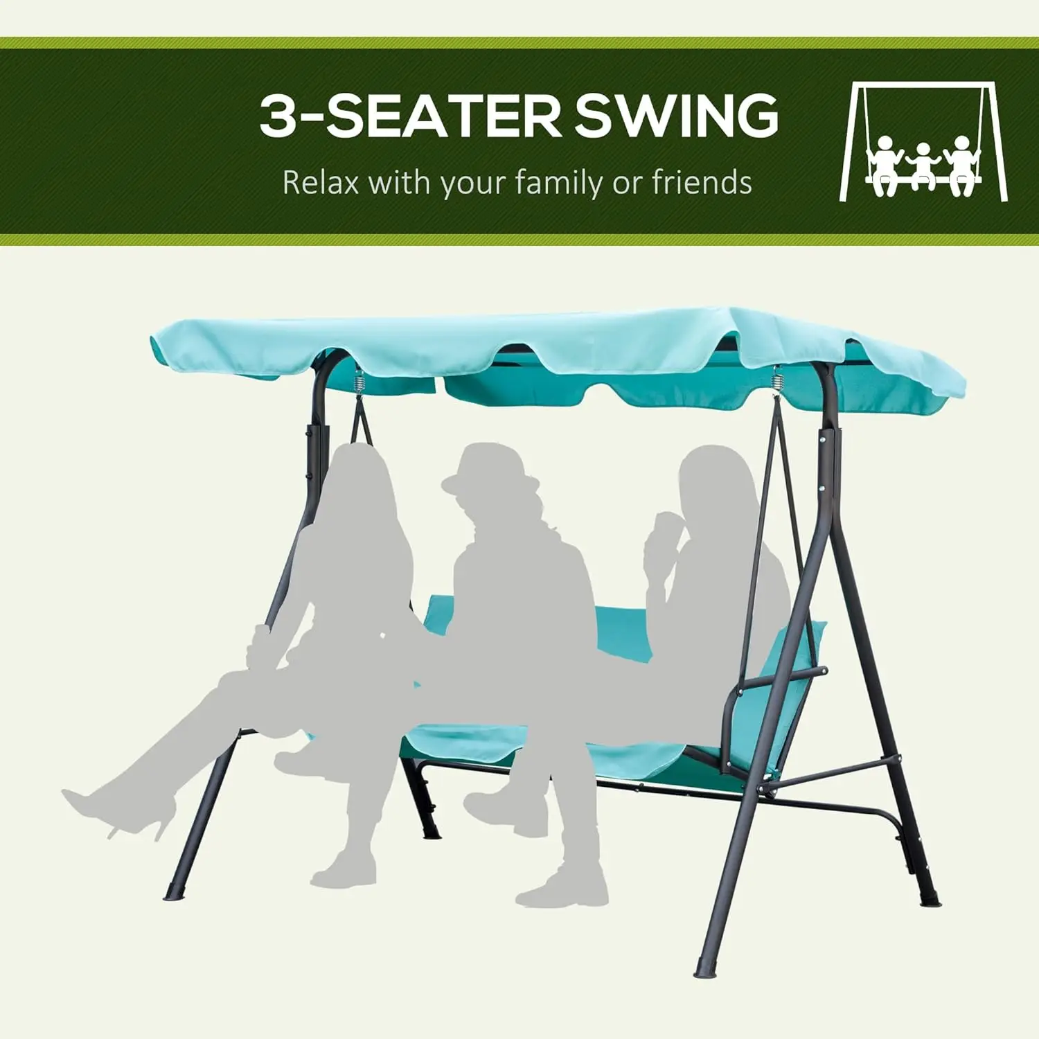 =3-Seat Outdoor Patio Swing Chair with Removable Cushion, Steel Frame Stand and Adjustable Tilt Canopy for Patio, Garden