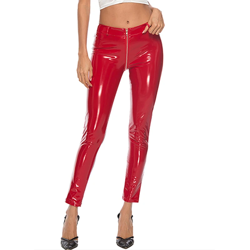 

Shiny Pink PU Leggings Reflective Mirror Femal Sexy Low Waist Trousers Club Party Push Up Women Leather Zipper Pants