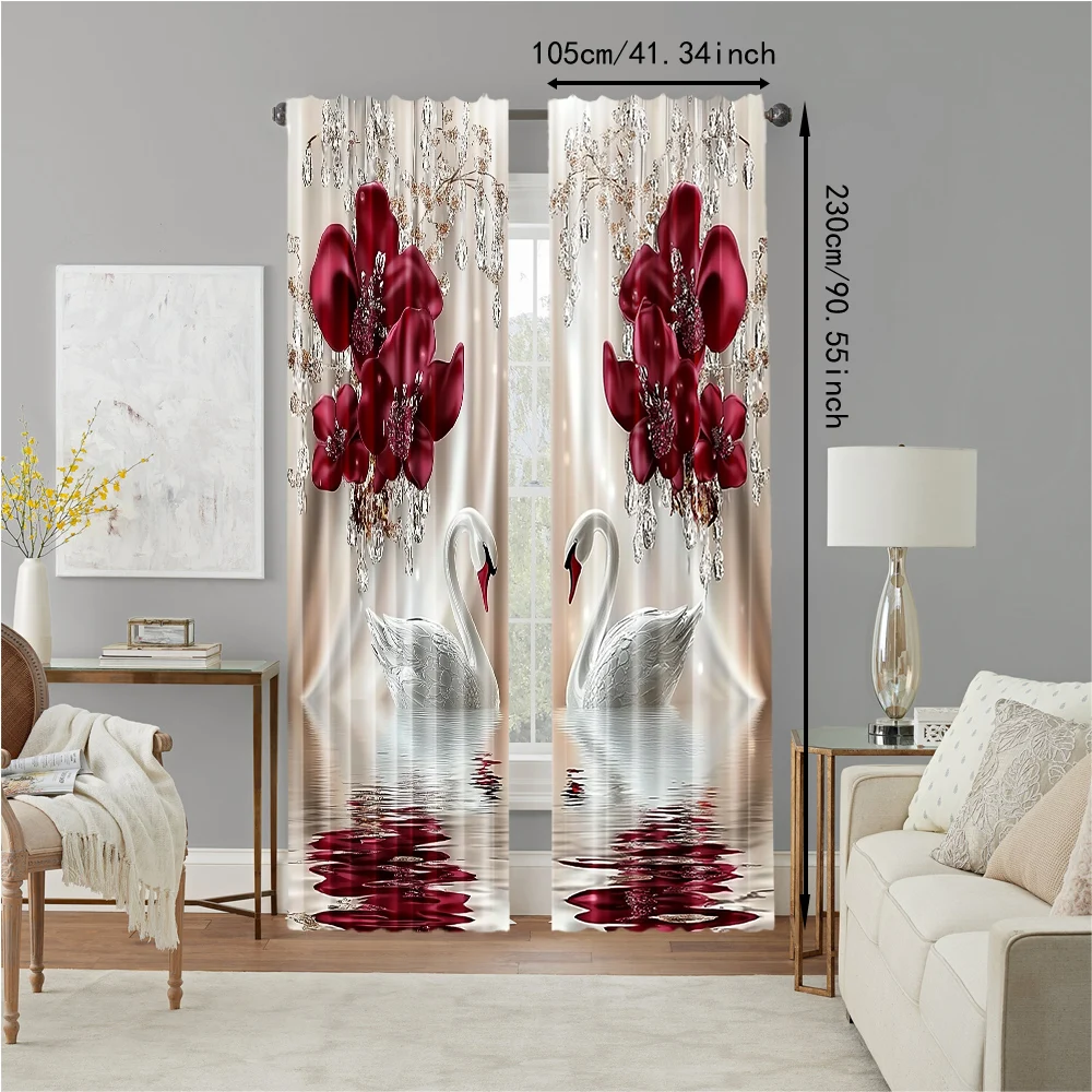 2Pcs Digital Printed Rod Pocket Window Curtain Swan Flower Pattern Window Drapes For Bedroom Living Room Home Decor Design For 4