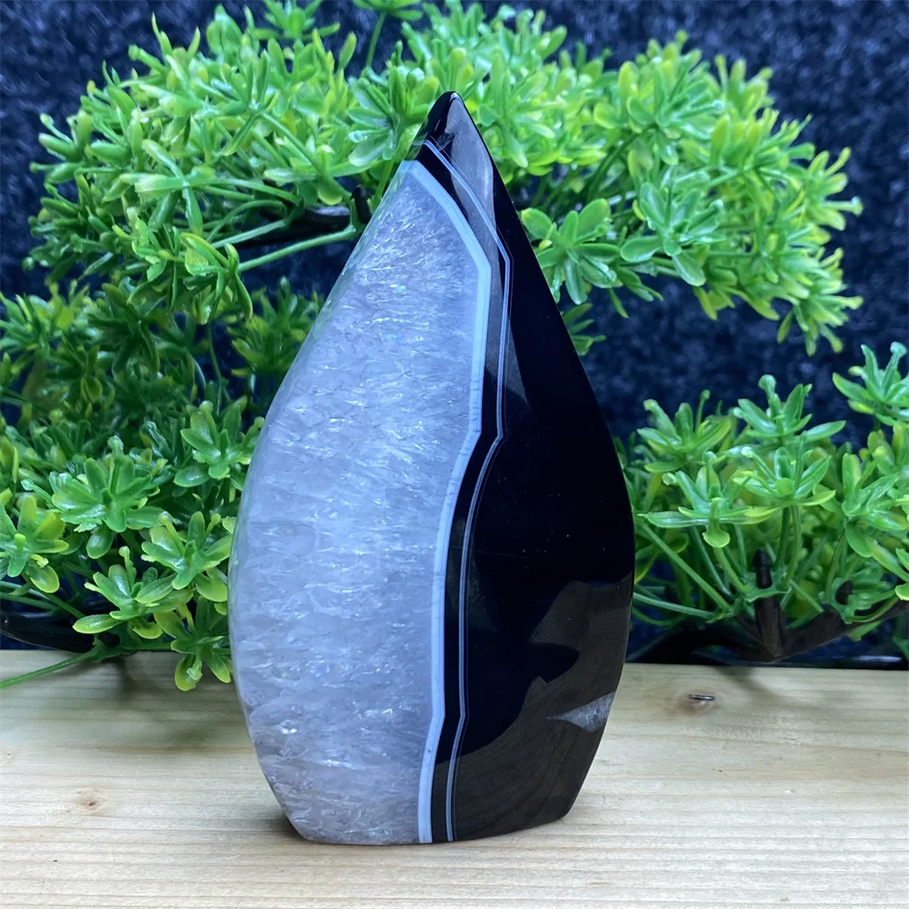 Geoda a rayas de ónix negro de piedras preciosas naturales, antorcha de forma libre, Reiki, forma curativa, meditación, decoración del hogar, ceremonia de Feng Shui Wicca