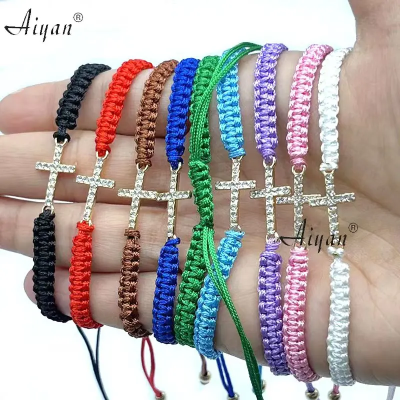 12Pieces Religions Cross With Drill HandWoven Bracelet For Men And
