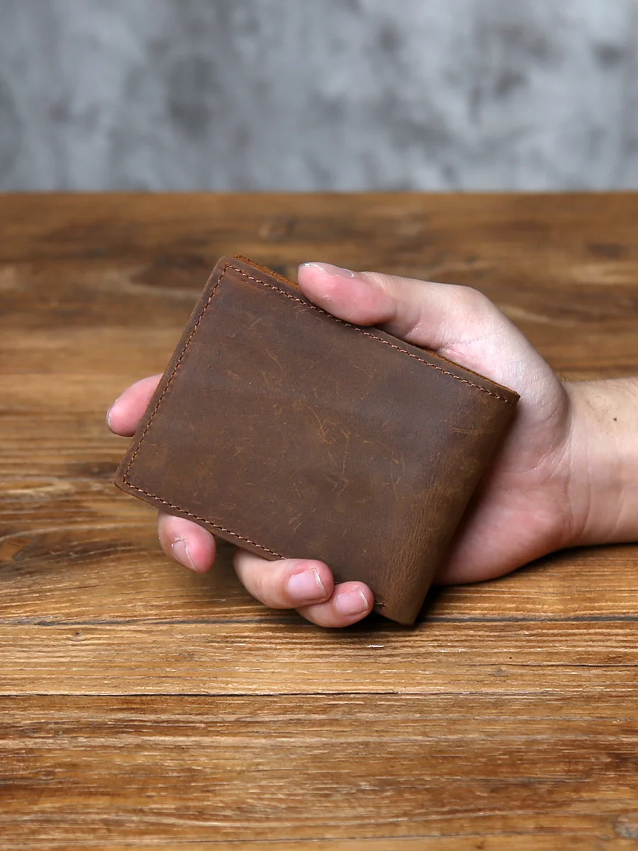 NZPJ Retro Men's Genuine Leather Wallet Top Layer Cowhide Short Wallet with Crazy Horse Leather Zero Wallet Card  ID Bag