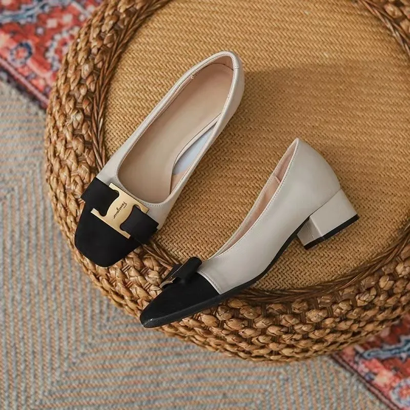 2025 New Classic Thick Heel Bow Metal Decoration Lady Pumps Simple Square Head Leather Women Single Shoes Fashion Dress Shoe 3
