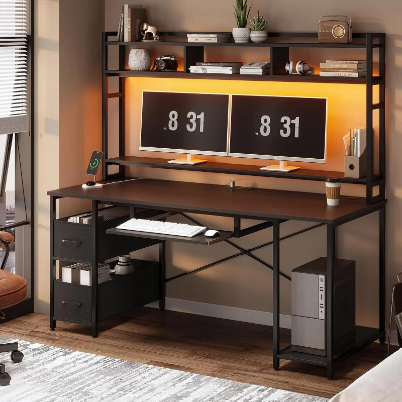 

SEDETA Gaming Computer Desk, 55" Gaming Desk with LED Lights and Hutch, Computer Desk with Drawer, Gamer Desk PC Table, Black