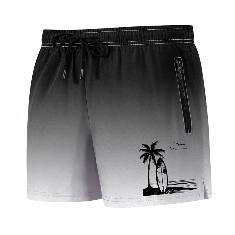 Tropical Surfboard Print Men's Beach Shorts with Mesh Liner and Zipper Pockets