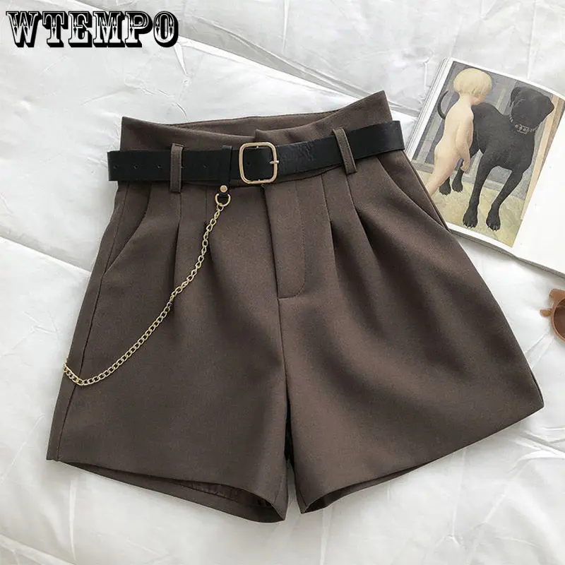 

WTEMPO Women New Fashion High Waist A-line Wide Leg Short Pants with Belt Spring Fall Loose Casual Thin Solid Tailored Shorts