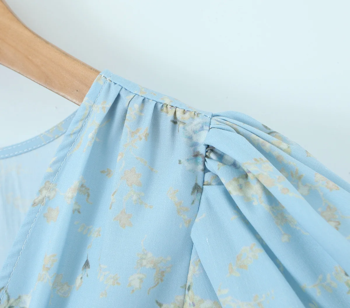 Women’s Light Blue Short Puff Sleeve Deep v Neckline Mini Dress With Rushed Elastic Waist And Ruffle Detail