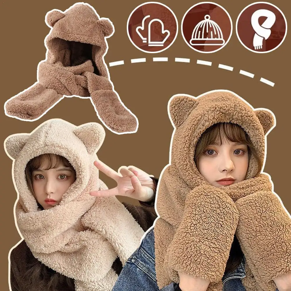 Cute Bear Ear Hat Fashion Winter Warm Comforts Polyester Thickened Plush Hoodie Hat Scarf Gloves Set Girl Kawaii Warm Casual