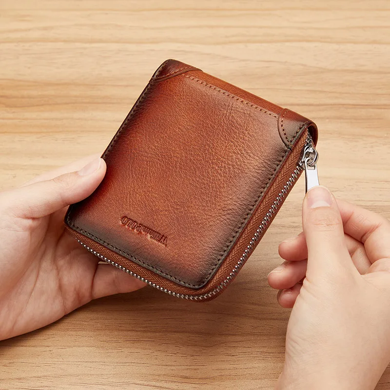 WILLIAMPOLO Genuine Leather Men's Wallet RFID Blocking Card Holder Organizer Wallet Men Business Vintage Zipper Male Purse 2