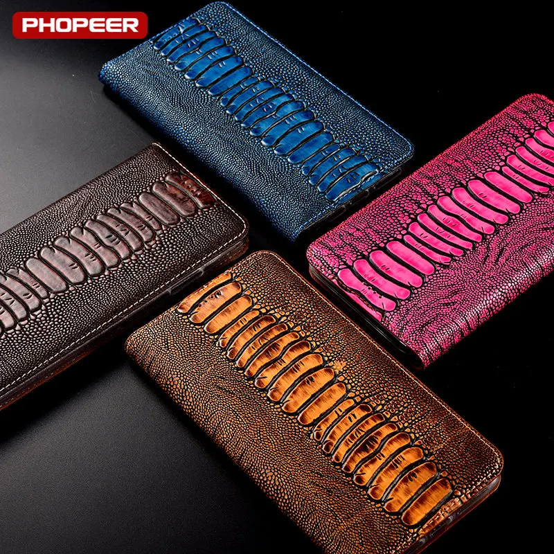 Ostrich Genuine Leather Flip Case For Google Pixel 8 7 6 5 4 3 2 3A 4A 5A 6A 7A XL Pro Card Pocket Wallet Phone Cover Cases
