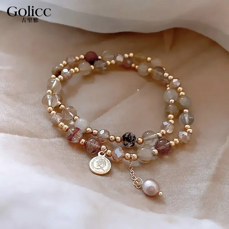 

Double-layer Tea Crystal Beaded Bracelet for Girls 2024 New Niche Design High-end Exquisite Crystal HandString For Women Jewelry
