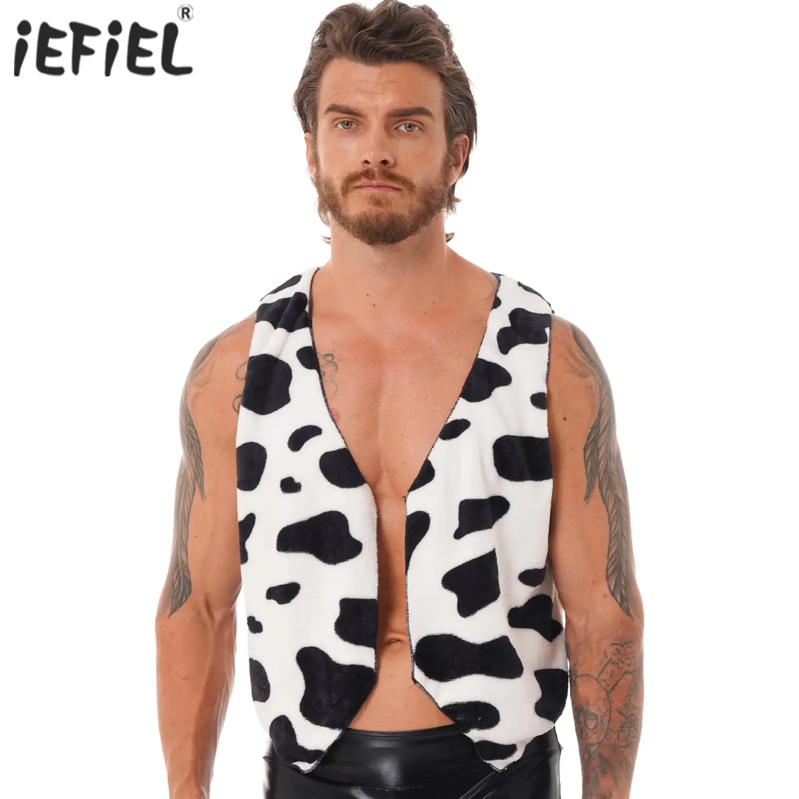 

Black Men Fancy Dress Ball Costume Open Front V Neck Sleeveless Vest Cow Printed Flannel Waistcoat Tops