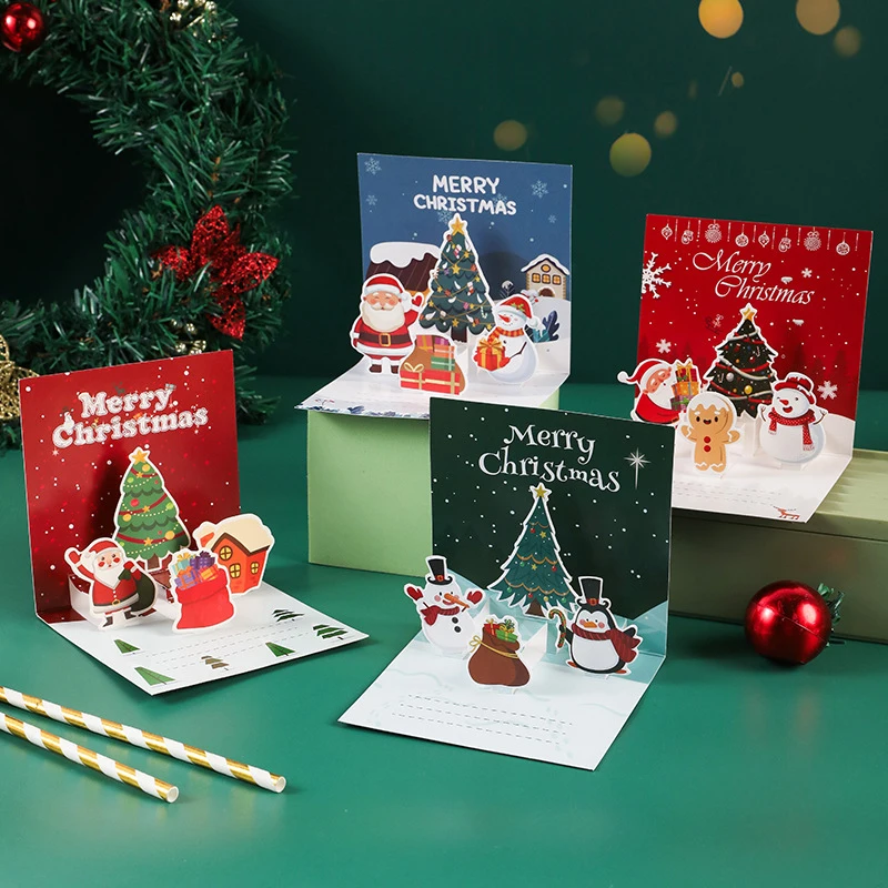 

1Set 3D Bright Colored Christmas Card Cheerful Santa Claus Snowman Elk Christmas Greeting Cards For Holiday Celebration Supplies