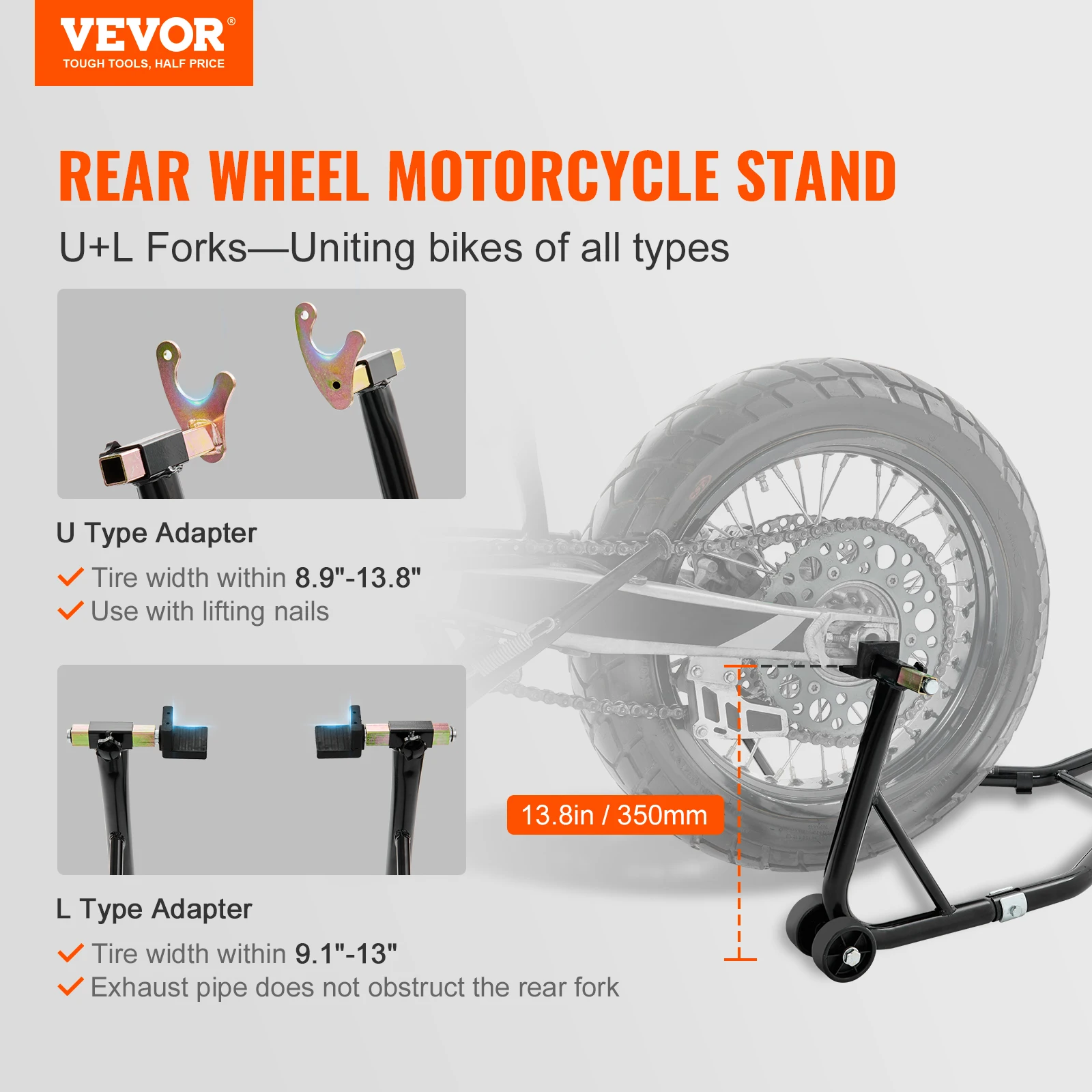 Motorcycle Rear Wheel Stand 390kg Capacity With U + L Fork Swingarm Spool