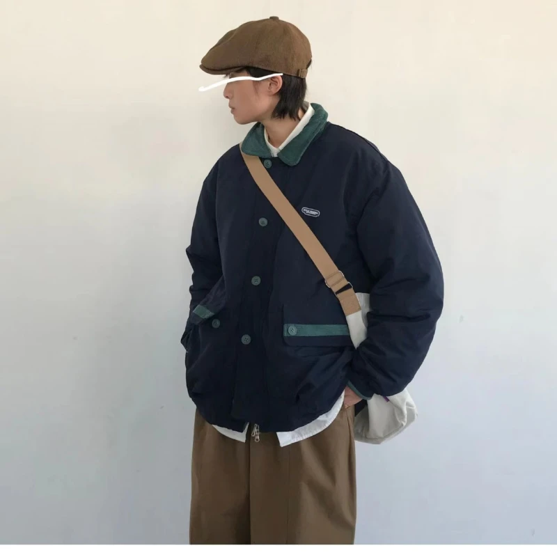 INS 겨울 코튼 코트 남성 빈티지 옷깃 대비 색 카고 파카 두꺼운 따뜻한 캐주얼 자켓 한국 스트리트 커플 코트