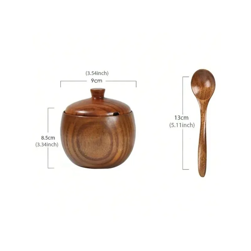 Wooden Spice Jar with Lid and Spoon Natural Wooden Salt Sugar and Pepper Storage Jar Kitchen Seasoning Tools Herb Holder