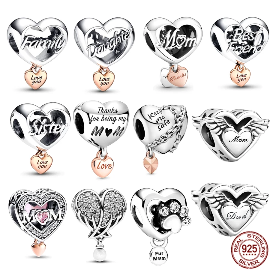 

Authentic 925 Sterling Silver Angel Wings Daughter，Mom，Dad Heart Charm Bead Fit Original Pandora Bracelet DIY Women Jewelry Gift