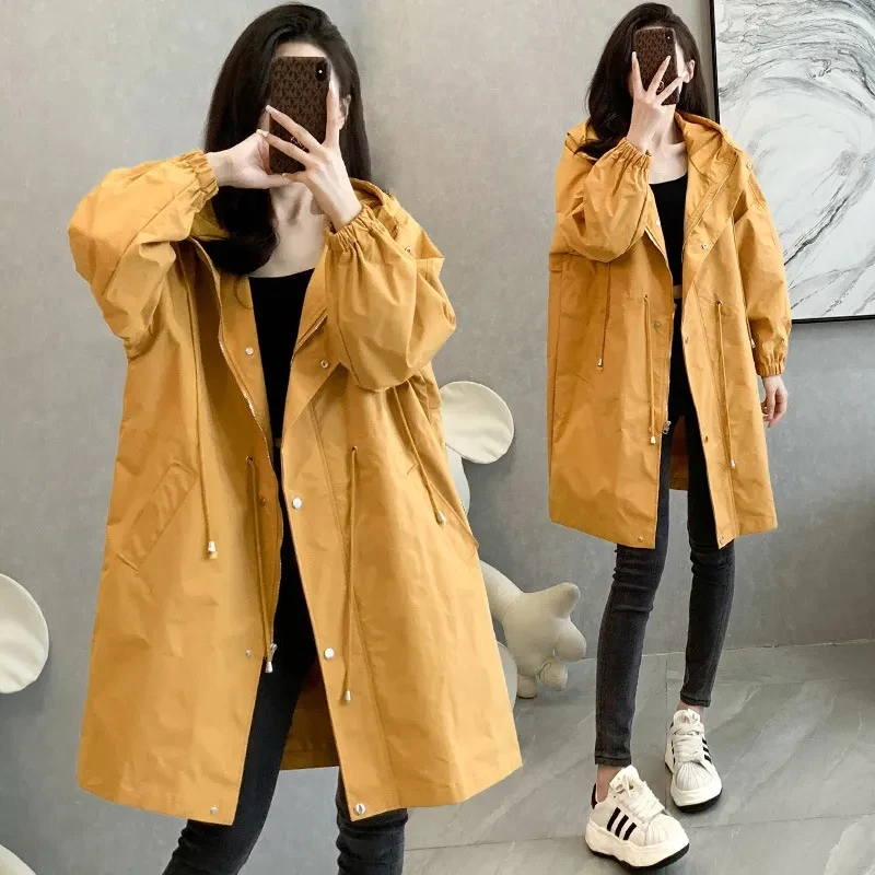 

Woman's Trench Coat New 2023 Autumn Fashion Korean Hooded Casual Windbreaker Female long Joker Loose Ladies Outerwear Overcoat