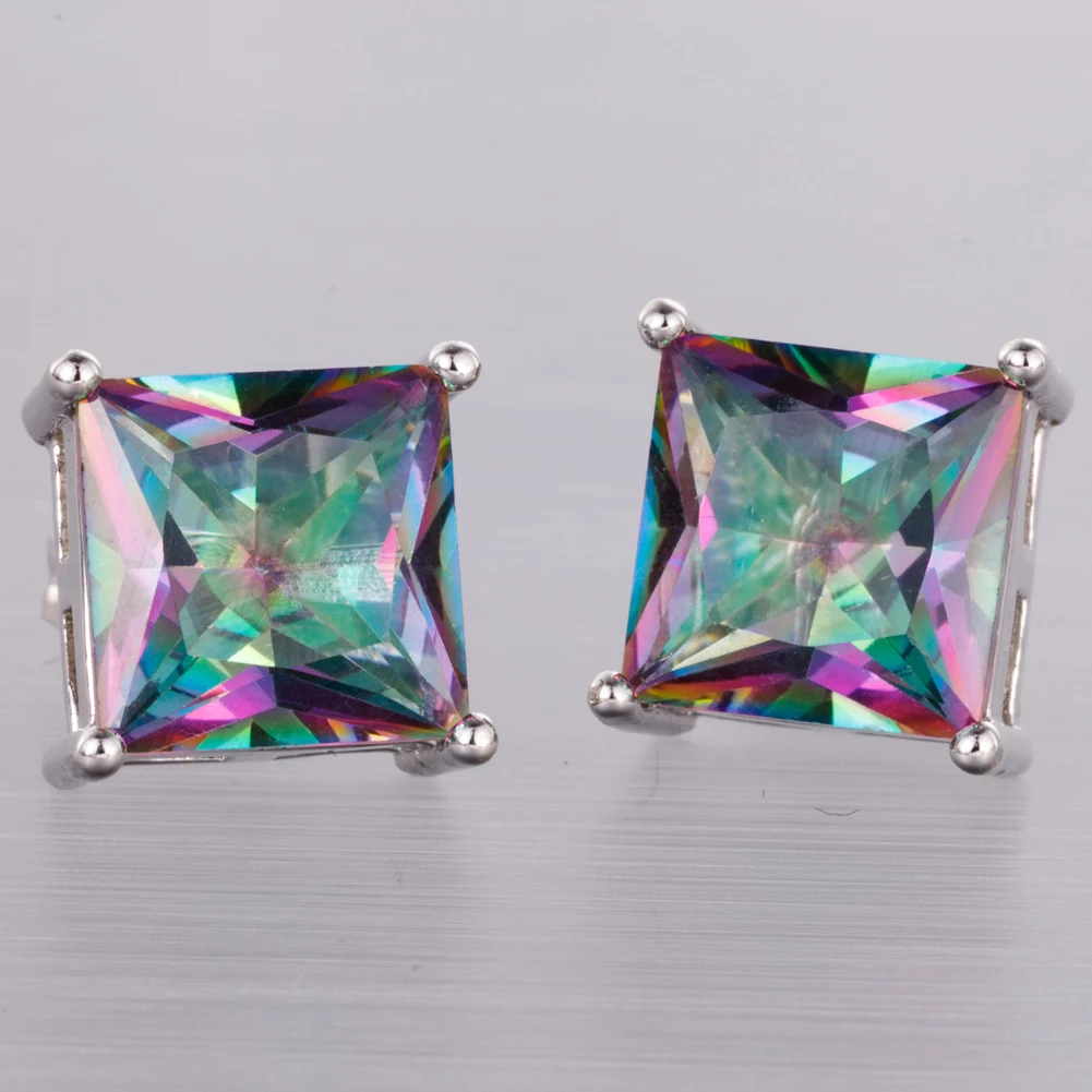 

Серьги-гвоздики KONGMOON 8x8 с мистическим радужным камнем в стиле принцессы, посеребренные ювелирные изделия для женщин, серьги для пирсинга