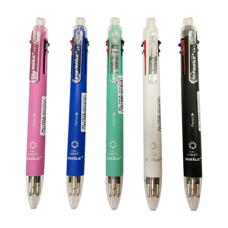 Multifunction Ballpoint Pen 6-in-1 Push Type Six Colors Press Pens School Office Supply