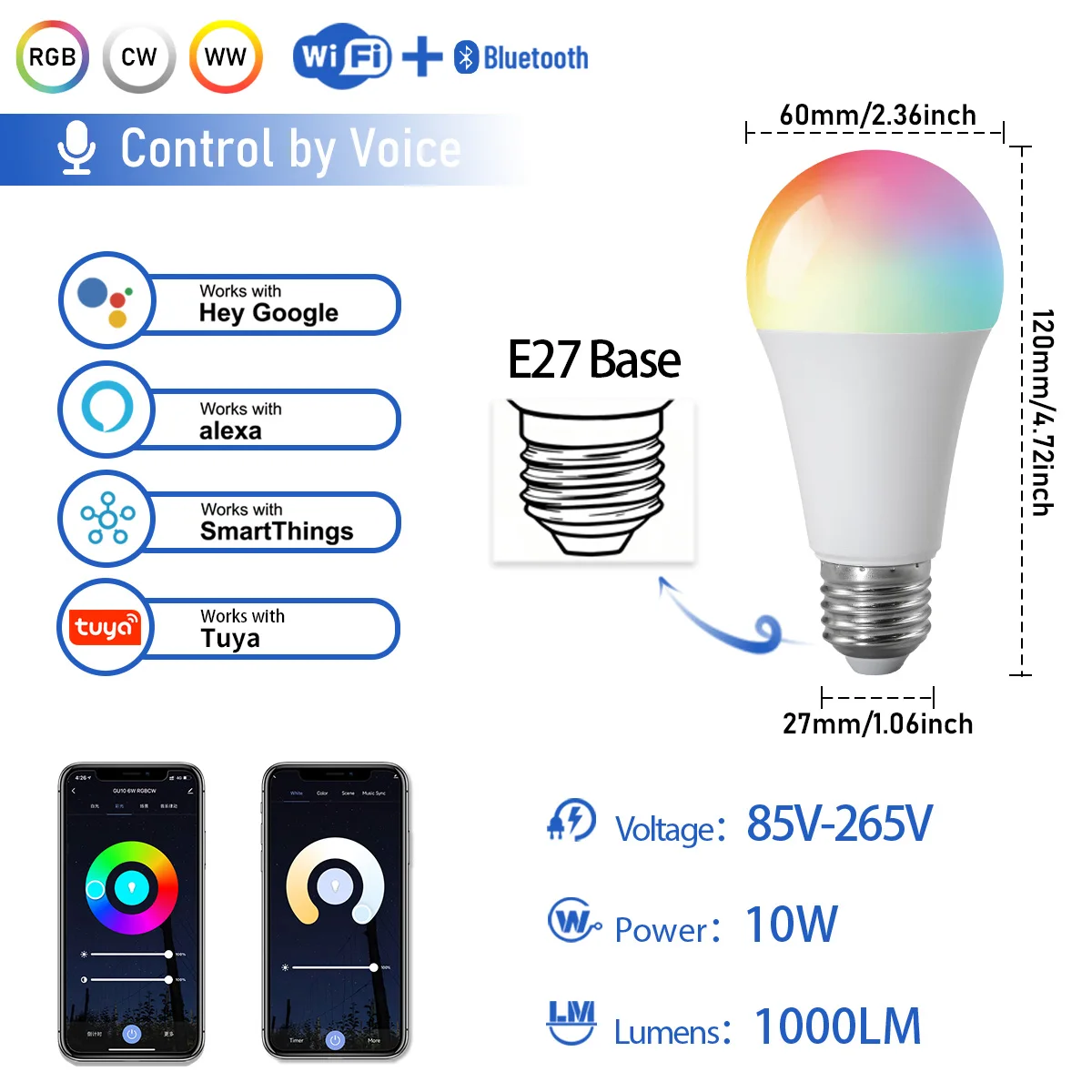 1-10개입 10W B22 E27 RGB 스마트 LED 전구 투야 와이파이 컬러풀 AC110V 220V 디밍 가능 조명 앱 알렉사 구글 홈 앨리스 음성 제어