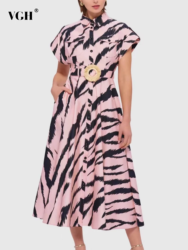

VGH Hit Color Patchwork Button Dresses For Women Lapel Sleeveless High Waist Spliced Belt Minimalist Dress Female Fashion New