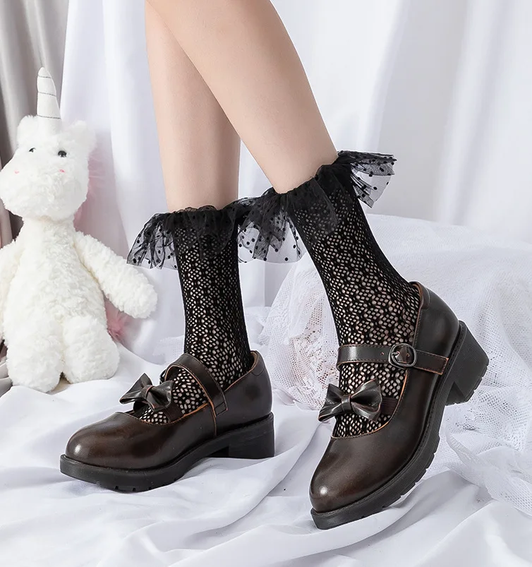 

Cute Puffy Floral Lace Hollow Out Mid-Calf Fishnet Socks Lolita Spring/Summer Thin JK Stockings